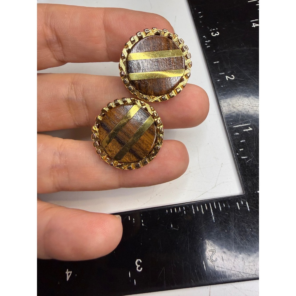 Gold Tone Wood Inlay Round Cufflinks Striped Toggle Back Formal Mens Jewelry